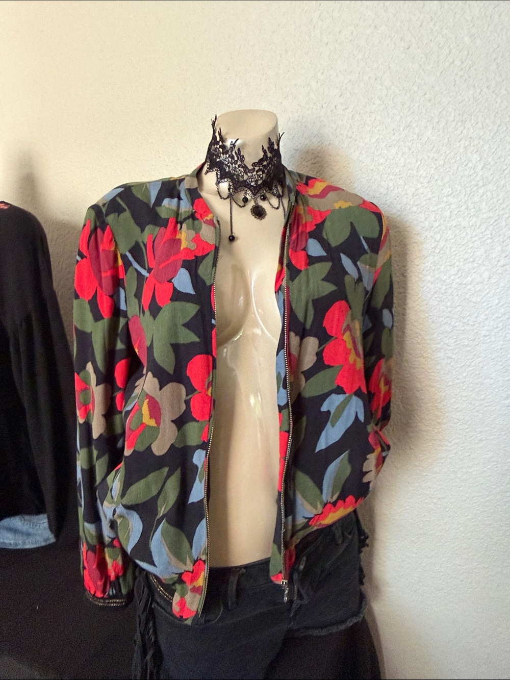 Zara Floral Bomber Jacket in Black, Red, Green